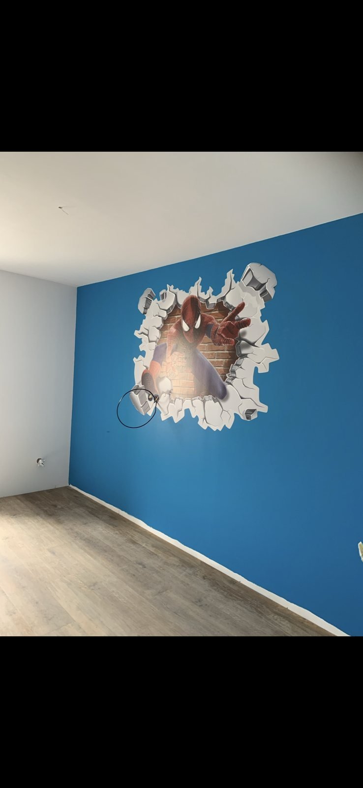 Sticker décoratif 3D posé sur un mur bleu après peinture intérieure en Deux-Sèvres